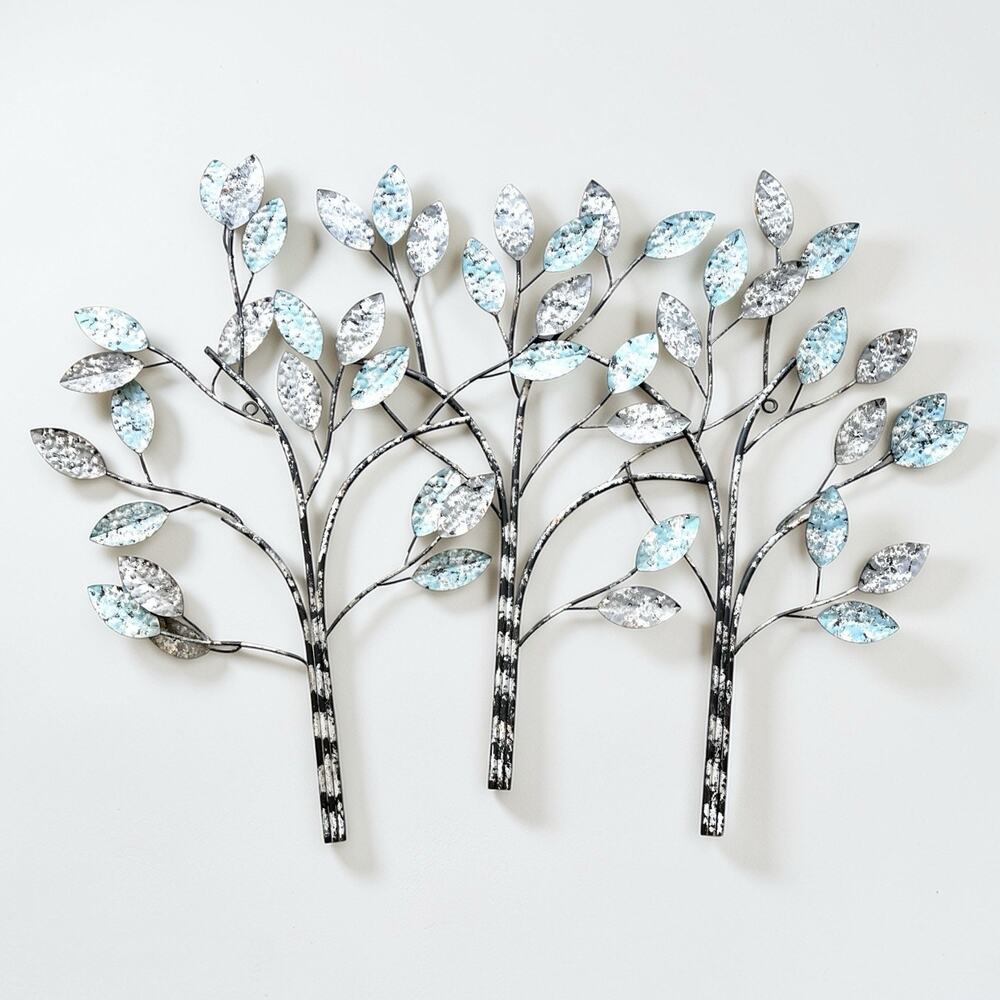 Outdoor Indoor Three Stem Metal Tree Wall Art, Turquoise Blue White Gray 38”
